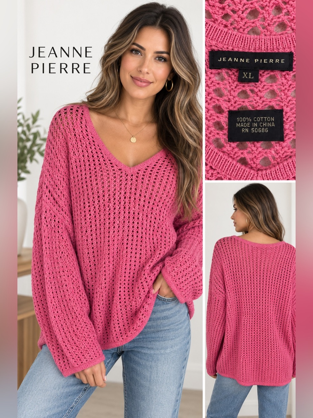 Jeanne Pierre Pink Open-Knit Cotton Pullover Sweater XL